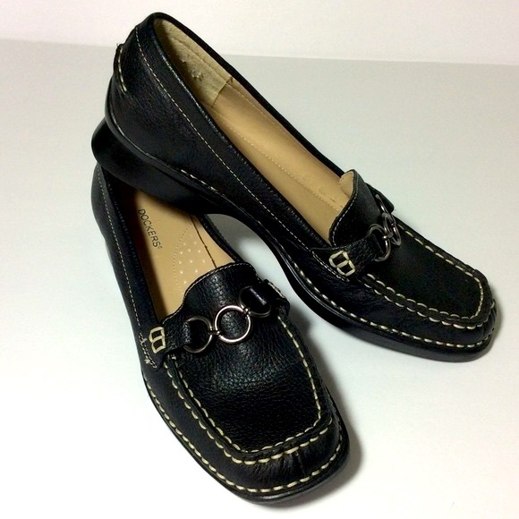 Dockers Shoes - Dockers CEDRAK Black Leather Loafers Gunmetal Circle Bit White Topstitching